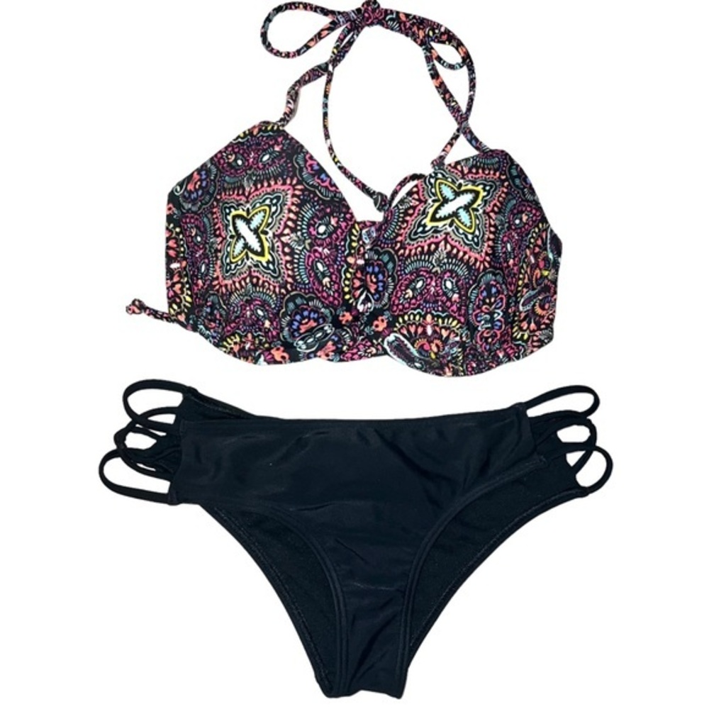 Hollister 34B XS black & pink BOHO padded push-up bra cheeky scrunch 2 pc bikini